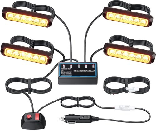 EYPINS 4X Luces de Advertencia LED, 6 LED de Emergencia, Impermeable IP65, 12V/24V, Luz Estroboscópica Luces Intermitentes para Coche Camión, 6W, 12V/24V, 8 Modos de Intermitencia, Ámbar