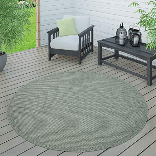 Paco Home Tapis Intérieur & Extérieur Terrasse Et Balcon Monochrome Structuré, Dimension:160 cm Rond, Couleur:Vert
