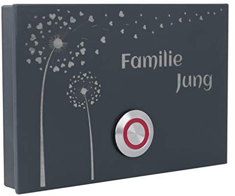 Jung Edelstahl Design Aufputz Türklingel anthrazit London2AG Motiv Pusteblume Haustürklingel anthrazit RAL 7016 pulverbeschichtet. Klingelschild 12x8 cm. Klingeltaster mit verschiedenen LED Farben.
