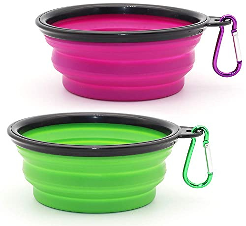 SLSON 2 Pièces Bol à Chien Pliant Bol en Silicone Pliable pour Chiens et Chats, Gamelles de Voyage Pliables en Silicone pour Animaux de Compagnie (Violet et Vert, Petit)