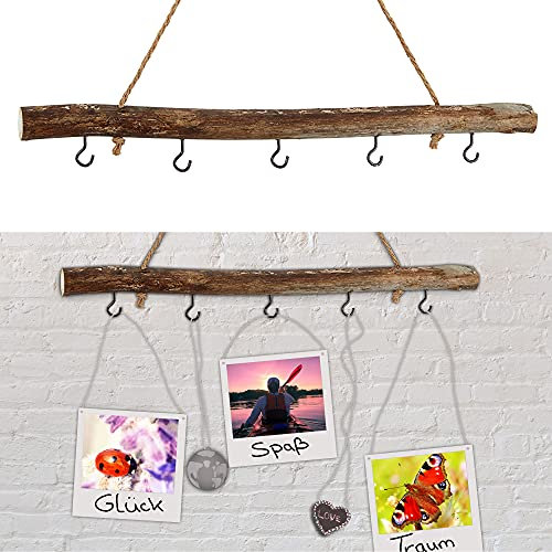 Cepewa Deko-Holzstange DIY 50 cm │5 Metallhaken naturfarben Juteseil zum Aufhängen │saisonale Dekoration (1 x Dekostange Altholz 50cm 5 Haken)