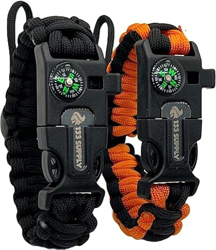 133 SUPPLY Tactical Paracord Compass Hiking Survival Bracelet Men Dad Gifts Camping Accessories Hiking Gear Women Hunting Gear Fishing Essentials Flint Steel Tool Fire Starter Kit Whistle Bear Safety
