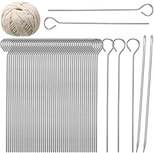 Thanksgiving Poultry Lacing Kit Includes 50 Pcs 6 Inch Metal Turkey Skewers Lacer 2 Pcs 6.3 Inch Roasting Supplies Meat Turkey Needle Stainless Steel Pin with Cooking Twine for Grilling BBQ Chicken