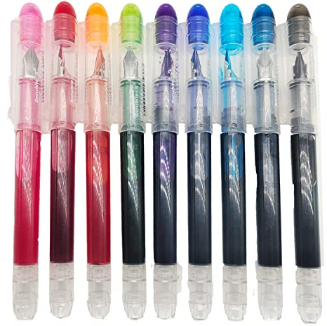 Lot de 9 stylos plume jetables, stylos plume à encre colorée pour l'écriture, écriture lisse, fournitures d'art multicolores pour croquis, journal, calligraphie et gribouillage, 9 couleurs de base.