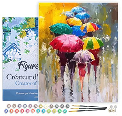 Figured'Art Pintar por Numeros Adultos con marco Paraguas en el aire 2 - Manualidades pintura acrilica Kit Cuadro DIY completo - 40x50cm con bastidor montado