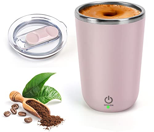 VAlinks Self Stirring Coffee Mug Rechargeable Stainless Steel Auto Mixing Cup with Lid, 350ml/12oz Self Stirring Cup To Stir Coffee, Mixed Milk, Tea Office Car Use (Pink)