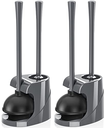 Toilet Plunger and Brush, Bowl Brush and Heavy Duty Toilet Plunger Set with Ventilated Holder, 2-in-1 Bathroom Cleaning Combo with Modern Caddy Stand (2 Set) (Grey)