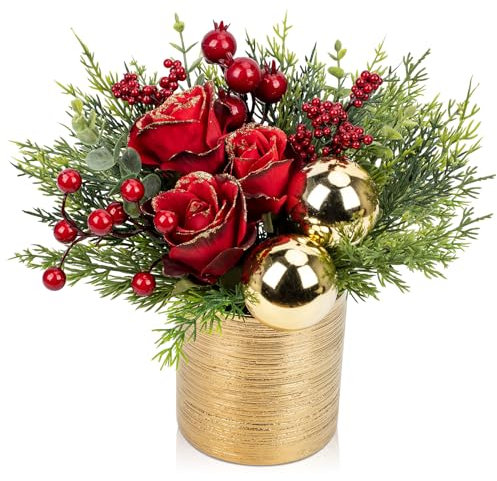 Mini Christmas Tree, Artificial Potted Christmas Tree with Ball Ornaments Roses Berries Tabletop Small Christmas Floral Arrangements in Gold Pot Xmas Centerpieces for Tables Desk Mantle Decor-10.2''
