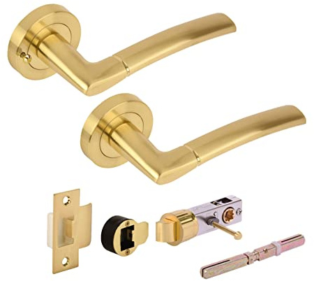 Hunta HANDLEZONE® Neemo Privacy Lever On Round Rose Door Handles, with Bullet Privacy Latch, for Bathroom, Toilet, WC Doors, 1 Set - Brushed Brass