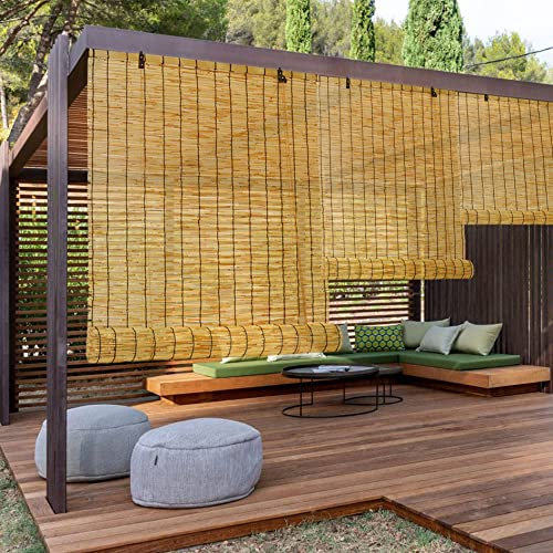 Bambusrollo Outdoor Wetterfest,Schilf Vorhang Aussenbereich,Sonnenschutz Bambus Rollo Jalousine Fenster,Sichtschutz Jalousie Bambusvorhang,50-140cm Breit Raffrollo,für Außen Innen Tür,mit Lifter (Siz