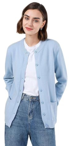 SMILING PINKER Veste en tricot femme à manches longues Cardigan Chaud Col rond Gilet en tricot Veste avec boutons et poches, bleu clair, XL