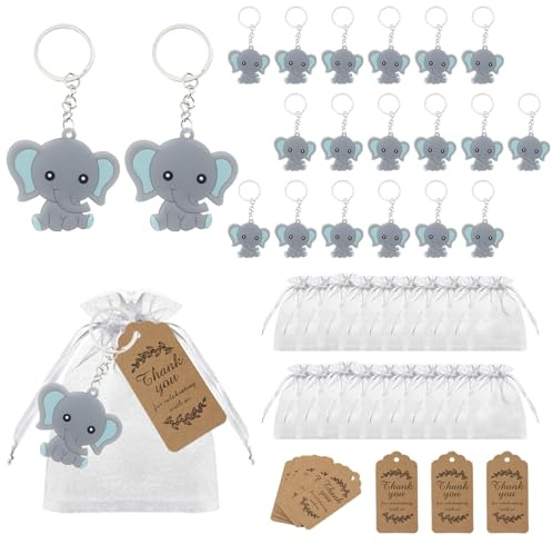 Pilikoll 20 Piezas Baby Shower Regalo Bautizo Llavero de Elefante con Organza Bolsa Etiqueta Kraft Recuerdos de Bautizo Niña Baby Shower para babys showers, Comunión, Confirmación, bautizos