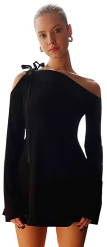 BKEPDY Vestito Donna Corto Monospalla Mini Abito Sexy Maniche Lunghe Elegante Abiti Autunnali Nero da Sera Casual Discoteca Aderente Dress Miniabiti Cocktail Party