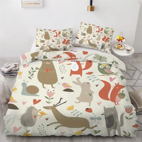 ROUSKI Bettwäsche Wald Tiere 135x200 cm 2teilig 100% Mikrofaser Kinderbettwäsche Cartoon Tiere Wendebettwäsche mit Reißverschluss 3D Motiv Zimmer Dekor Bettwäsche-Sets mit Kissenbezüge 80x80