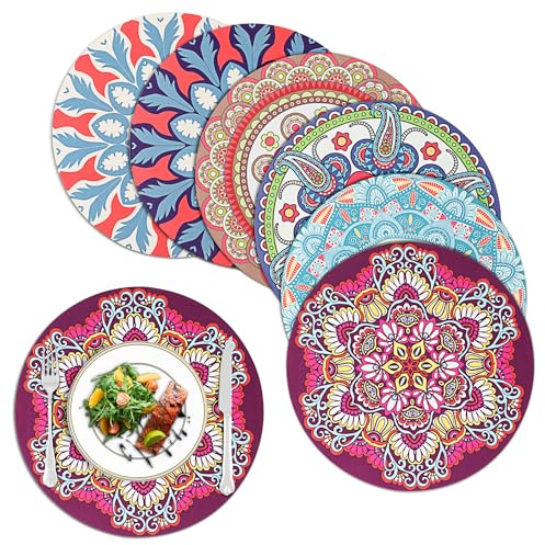 fanquare Tovagliette e sottobicchieri Set di 6, Tovagliette in Gomma Rotonde Mandala, Tovagliette Antiscivolo Lavabili Termoresistenti per la Tavola da Pranzo Della Cucina