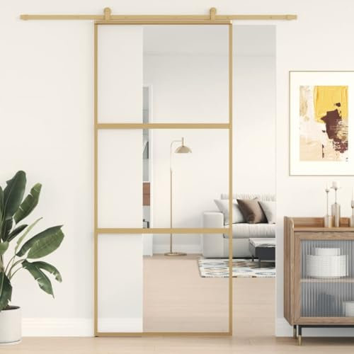 Festnight Schiebetür Klarglas Golden-1 Glasschiebetür Schiebetür Mit Tür Sliding Door Innentüren Schwebetüren Moderne Schiebetür 90x205 cm ESG-Klarglas und Aluminium