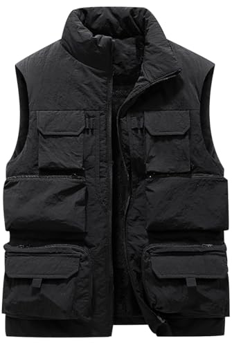Gilet Multitasche Uomo Gilet Imbottito Pile Uomo Lavoro Invernale Giubbotto Giubbino Smanicato Uomo Casual Taglie Forti Giacca senza Maniche Cappotto Smanicato Uomo Gilet Micropile Uomo Nero 6XL