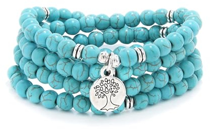 oasymala Handgefertigte Mala-Perlen aus 108 Steinen mit Lebensbaum-Anhänger – als Halskette oder Armband tragbar (Grüner Türkis (Green Turquoise))