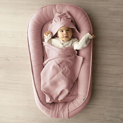 PaLulli Babynest aus 100% Musselin Baumwolle Premium Kuschelnest Babynestchen 100x60cm Klettverschluss-Klappe Nestchen Wickelauflage Kuschelbett Kokon für Babybett Babys & Säuglinge (schmutziges Rosa)