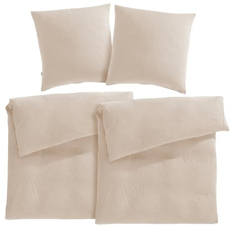 Pure Label Musselin Bettwäsche 135x200 4 teilig bestehend aus Bettbezug 135 x 200 cm 2er Set + Kissenbezug 80x80 cm 2er Set aus Baumwolle - Traumhaft kuschelige Bettwäsche-Sets in beige
