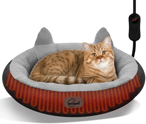 herehomi Heated Cat Bed for Small Size Cats, Heated Pet Bed with Timer & Temp Adjustable, Removable Waterproof Pet Heating Pad for Indoor, Gray Cozy Donut Electric Bed Heater Warmer for Kitten Cat