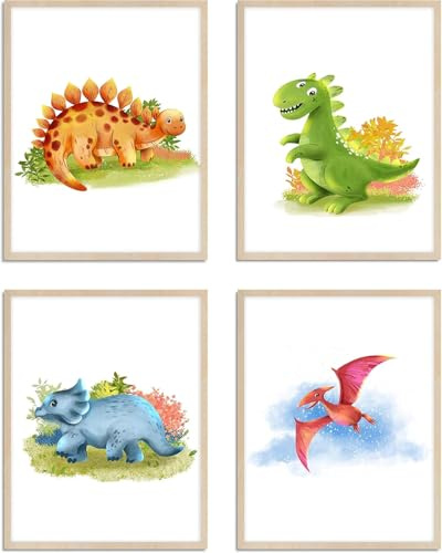 WIETRE® Set med 4 bilder dinosaurier barnrum babyrum dekoration | bild pojke flicka affisch DIN A3 XXL | Dinos T-rex djur (utan ram)