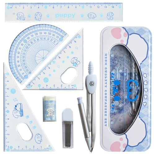 DY.2ten Geometrie Zirkel Set für Schüler mit Aufbewahrungsbox,Mathe Protraktor Kompass, 2pcs Geodreieck, 15 cm Lineal und Winkelmesser，schulbedarf 7 Stück