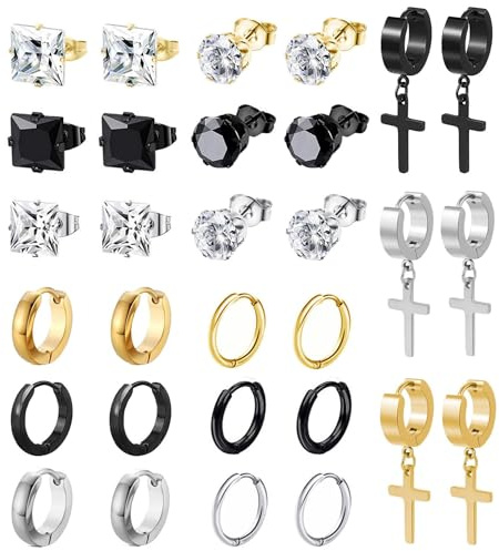 BVLAGIDA 15 Paires Boucle d'Oreille Homme, Acier Inoxydable, Argent Noir Or Clous d'Oreilles, Boucles d'Oreilles Créole, Boucle d'Oreille Zircone pour Homme Femme