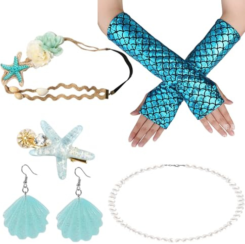 Scinzene Meerjungfrau Kostüm Damen Mädchen, Blaues Handschuh-Set mit Muschel Ohrringen, Haarreif, Perlenkette und Seestern Haarklammer, Meerjungfrau Accessoires Damen für Karneval und Party