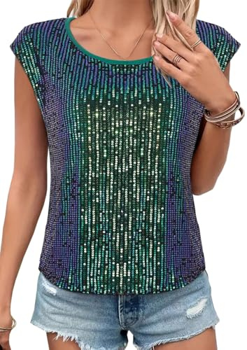 Segreto Damen Rundhals Locker Pailletten Tops Cap Ärmel Oberteil Party Glitzer Bluse Tanktop Shirt Cocktail Festliches Outfit, Schwarz Bunt Grün/XL