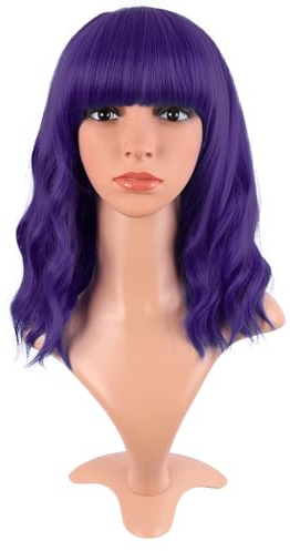 MapofBeauty 14 Pollice Corto Wavy Bob Parrucche Ricci Parrucca,Scuro Viola | Shoulder Lunghezza,Flat Bang,Capelli Sintetico