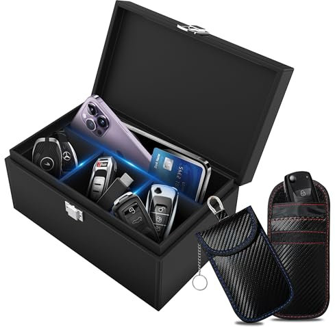 ocuvaep Keyless Go Schutz Autoschlüssel Box & 2 Faraday Bags, Faraday Box Strahlenschutz, RFID Signal Blocking Box, Keyless Go Schutz von Handy, Kreditkarte und Autoschlüssel (Groß)