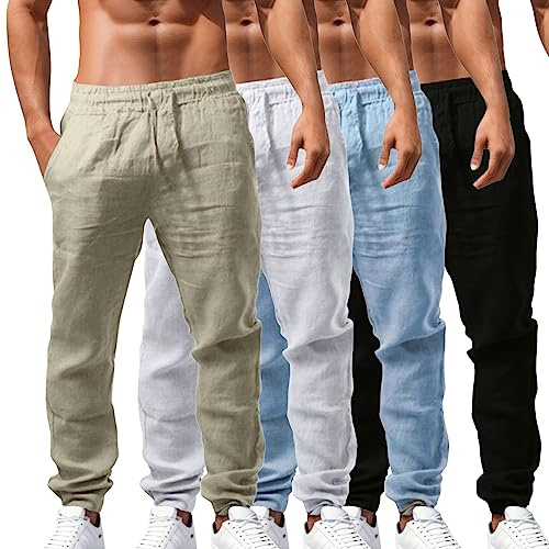 Genérico Pantalón Lino Hombre Pantalones Elásticos con Cordones Pantalones de Algodón y Lino Transpirables de Color Negro M Pantalones Casuales de Verano y Otoño para Hombre
