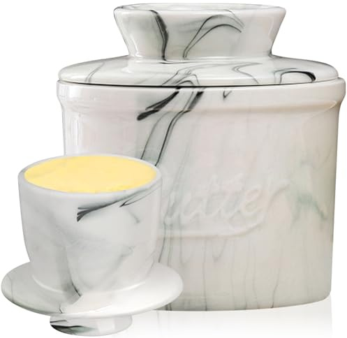 Lighterday Beurrier en céramique - En porcelaine - Avec couvercle - Avec couvercle - Beurrier avec refroidissement à eau - Beurrier pour des buttes douces (rayures blanches et noires, 10 cm)