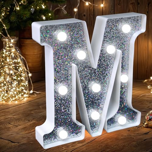 LED-Festzelt-Buchstabenlichter, beleuchtetes silbernes Glitzer-Buchstaben-Schild, batteriebetriebenes Nachtlicht für Geburtstagsparty, Hochzeit, Heimdekoration, Babyparty, Größe M