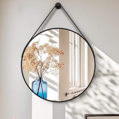 Artloge Spiegel Rund Schwarz 70cm: Wandspiegel mit Metall Rahmen und Lederband, Moderner Dekospiegel für Badezimmer, Wohnzimmer, Schlafzimmer, Eingang