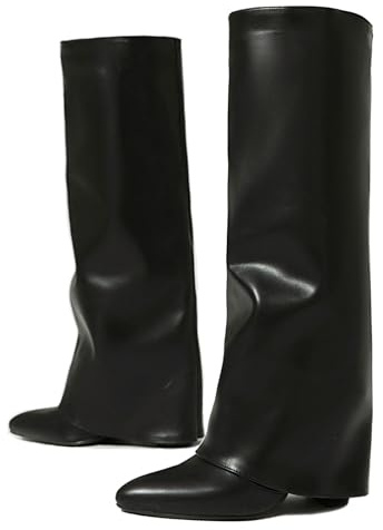 Ceciloroda Fold Over Bottes Knee High pour Femme Talons Chunky Long Boots Wide Calf Dressy Bout Pointu Slouch Boots Black Size 37