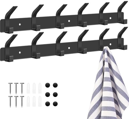 CNMTCCO Kleiderhaken Wand,2PCS Garderobenhaken mit 6 HakenHakenleiste Garderobe，Kleiderhaken Metall Garderobe Garderobenleiste Wandgarderobe fürSchlafzimmer Bad Küche e(Schwarz)