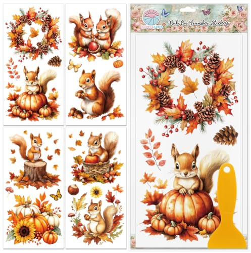 GLOBLELAND 4 Blatt Bunte Herbstliche Süße Eichhörnchen Transferfolien Kürbisblumen Möbeldekor Transferfolien Aufkleber Für Schlafzimmer Wohnzimmer Schreibtisch Tischdekoration
