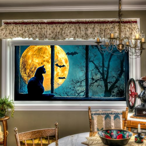 HOMETITUTE Halloween Black Cat Moon Pattern Static Cling Window Film 39.3x17.7 inches Non-Adhesive Removable Reusable for Glass Door Home and Office Bedrooms PVC Static Cling Sticker