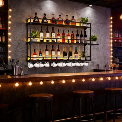 SPTZQURY Portabottiglie di vino da Parete con Portabicchieri da Liquore in Metallo Industriale Scaffale Galleggiante Mensola a 3 livelli Multifunzione Espositore per Vino con Guardrail (nero, 180cm)