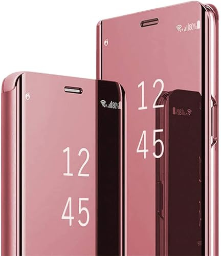 für Samsung S24 Ultra Hülle Clear View Spiegel Handyhülle für Samsung Galaxy S24 Ultra Flip Case Handytasche Schutzhülle Leder Klappbar Hard PC Stoßfest Cover Ständer Klapphülle Hüllen 5G (Rosagold)