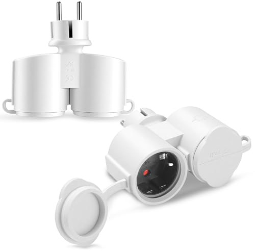 BOSYTRO 2 Stücke Doppelstecker für Steckdose, Steckdosenadapter, Mehrfachsteckdose Doppelstecker Außen IP44 Geeignet für den Innen- und Außenbereich, mit geerdetem Stecker 16A/250V/Max 3500W (Weiß)