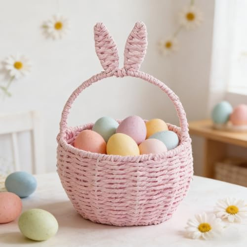 Cestino pasquale intrecciato a mano con orecchie staccabili e targhetta per il nome, cesto in corda di cotone personalizzato per caccia alle uova dei bambini, bomboniere, asilo nido e regali di Pasqua