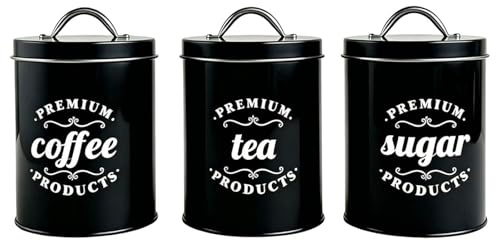 Pitycbo Juego de 3 Tarros de Cocina, Contenedor de Café Y Azucarero con Tapa, de Metal Resistente, Protege El Contenido Y Es Ideal para Y La Organ, Negro, Individual