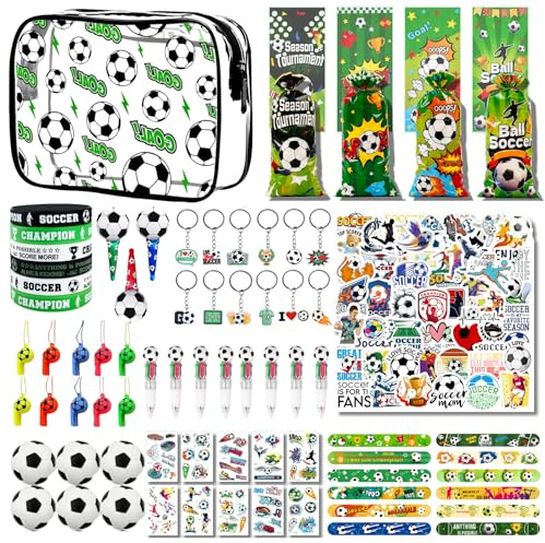 168 Pieces Football Party Bags Fillers - Football Party Supplies Kit with Football Storage Bag, Keychains, Bracelets, Pens, Whistles for Football Birthday, World Cup Football, Sports Party Decorations