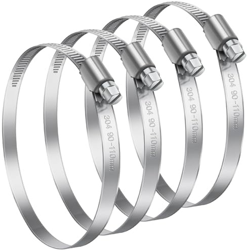 4 Pièces 90-110mm Collier de Serrage Réglable, Collier de Serrage Inox 304 Collier Serrage Métallique pour la Plomberie, Piscine, l'Automobile et les Applications Mécaniques