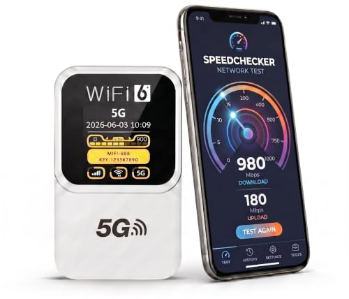 Routeur 5G Portable, SIM Libre, Écran LCD Date, 3000mAh, 32 Appareils | WPA3 sécurisé,Internet nomade 300Mbps WiFi 6,32 appareils,Écran LCD,14h autonomie,USB-C,camping-car,télétravail
