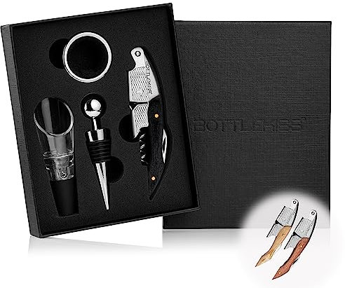 BOTTLEKISS® Set di 4 cavatappi apribottiglie per vino, apribottiglie e tappi per bottiglie di vino, apribottiglie di vino, apribottiglie di sughero, apribottiglie vino – set regalo (legno di marchio)