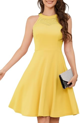 Bbonlinedress Robe de Soirée Cocktail Femme Halter Vintage pour Mariage Fête Bal Anniversaire Resto Evènement Sortie A Ligne Longueur au Genou Yellow XL